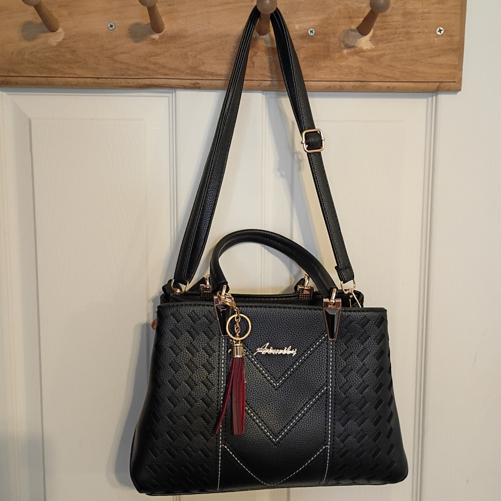 Aimily Black Satchel and Shoulder bag Purse Chevron w Leather Accents